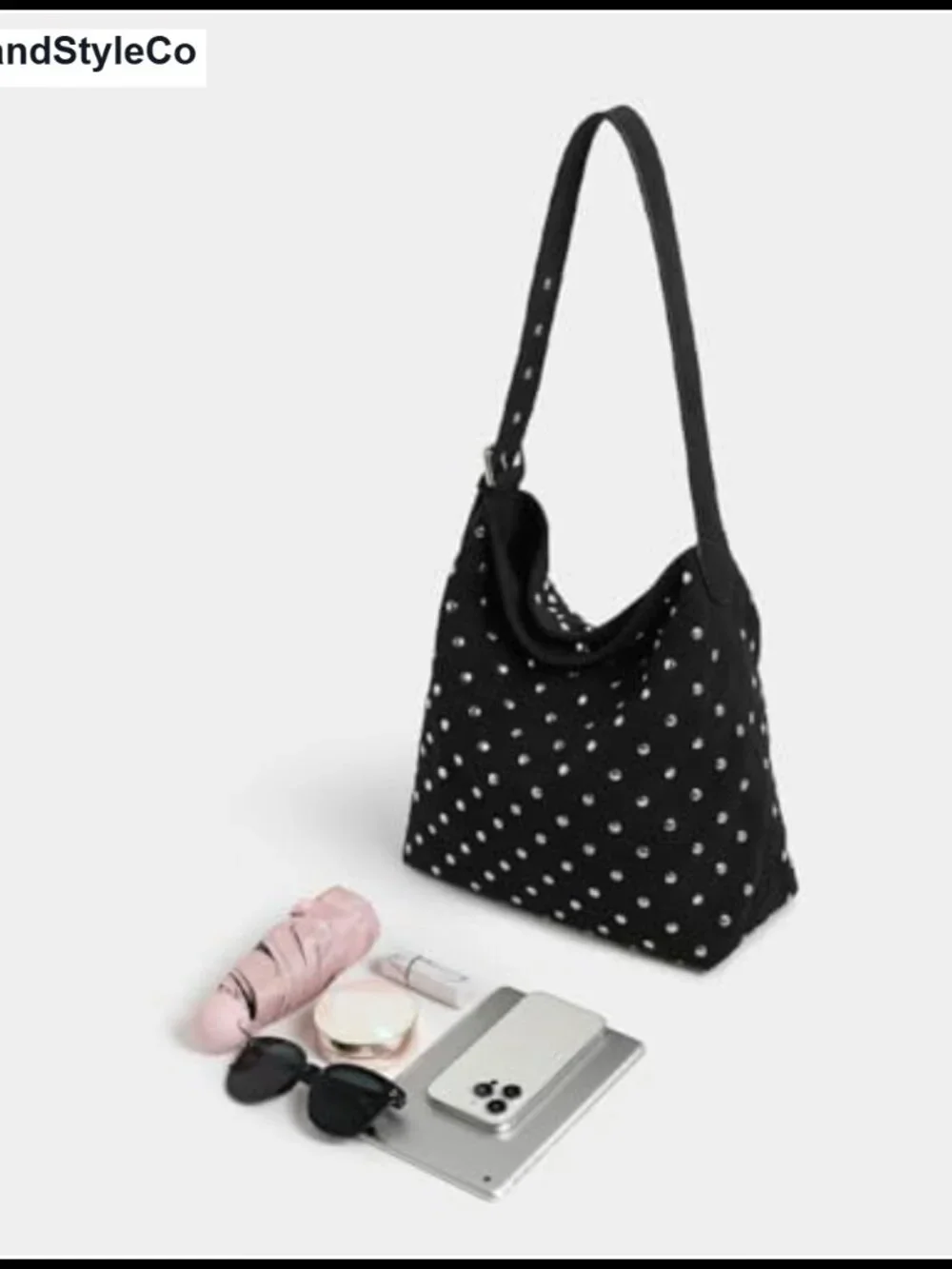 Faux Suede Studded Hobo Bag Shoulder Crossbody Bucket Purse Adjustable Strap